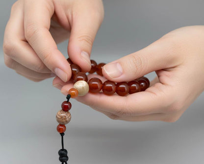 Carnelian mala bracelet made from natural warm orange-red carnelian beads, designed for grounding, vitality, and everyday wear.