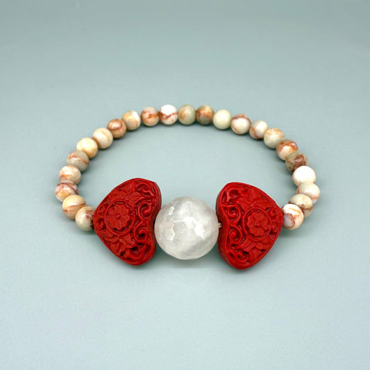 Jasper beaded bracelet, 16cm, natural earthy gemstone beads with red cinnabar-style heart and rose quartz accent on elastic stretch band.