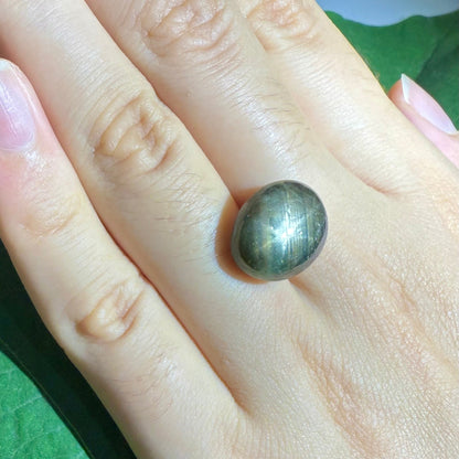 Golden-brown star sapphire cabochon, natural gemstone with visible asterism