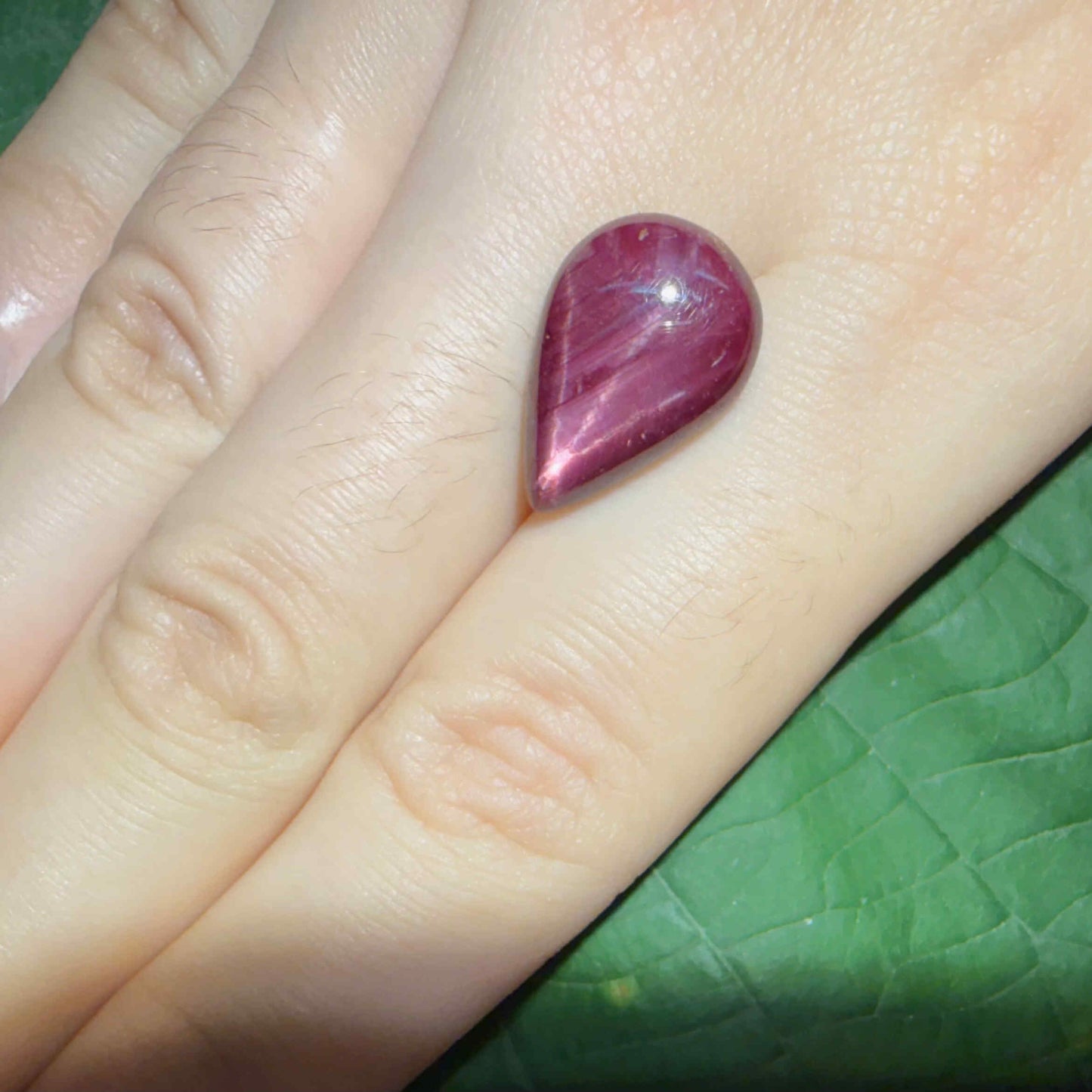 13.8 ct natural pear-shaped Star Ruby medallion cut, polished on both sides with a soft star effect and glossy surface, Mozambique.