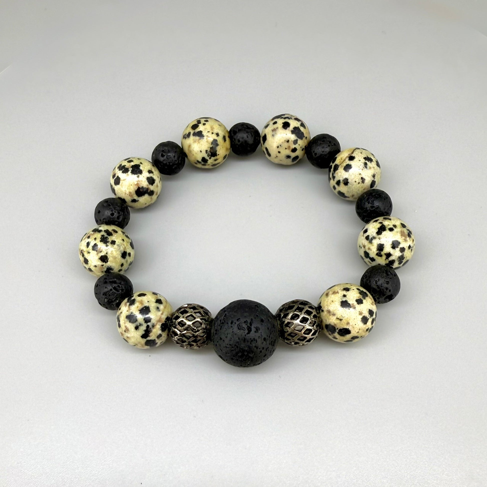 Jasper and lava beaded bracelet, 18cm, natural earthy jasper and matte black lava stone beads on elastic stretch band.