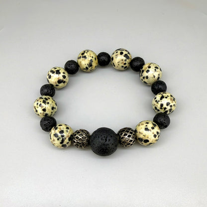Jasper and lava beaded bracelet, 18cm, natural earthy jasper and matte black lava stone beads on elastic stretch band.