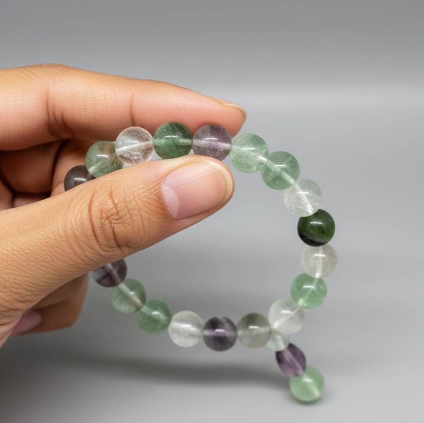 Fluorite mala bracelet with green and purple translucent gemstone beads and decorative charm detail.