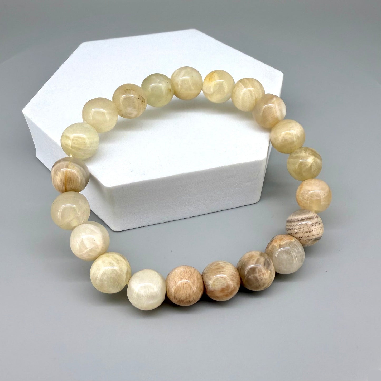 Moonstone beaded bracelet, 19cm, beige and earthy gemstone beads with subtle shimmer on elastic stretch band.