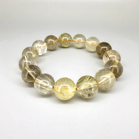 Rutilated quartz beaded bracelet, 18cm, natural gemstone beads with golden rutile threads on elastic stretch band