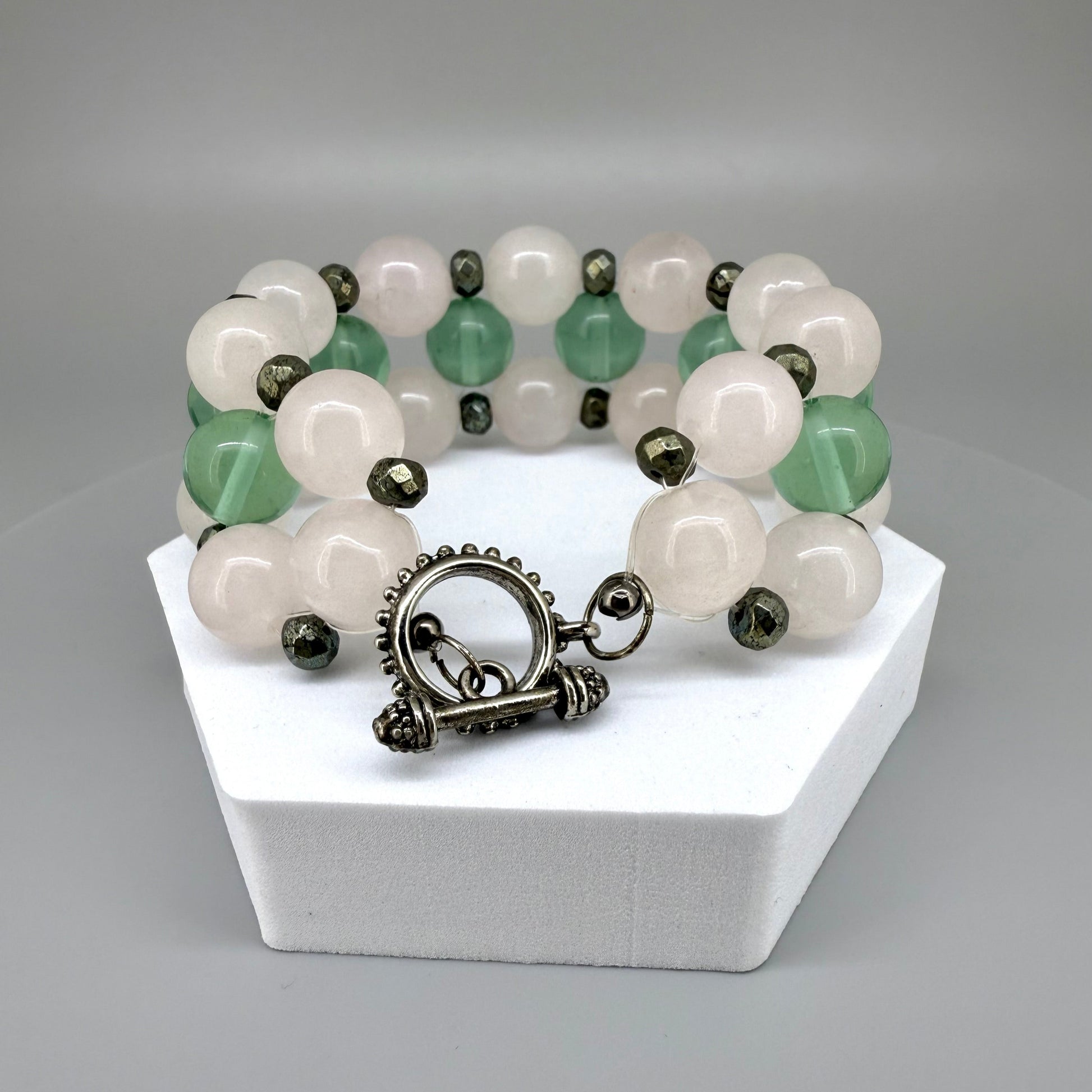 Natural Rose Quartz & Clear Quartz Beaded Bracelet with round polished gemstone beads, handmade gemstone jewelry