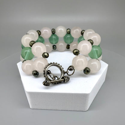 Natural Rose Quartz & Clear Quartz Beaded Bracelet with round polished gemstone beads, handmade gemstone jewelry