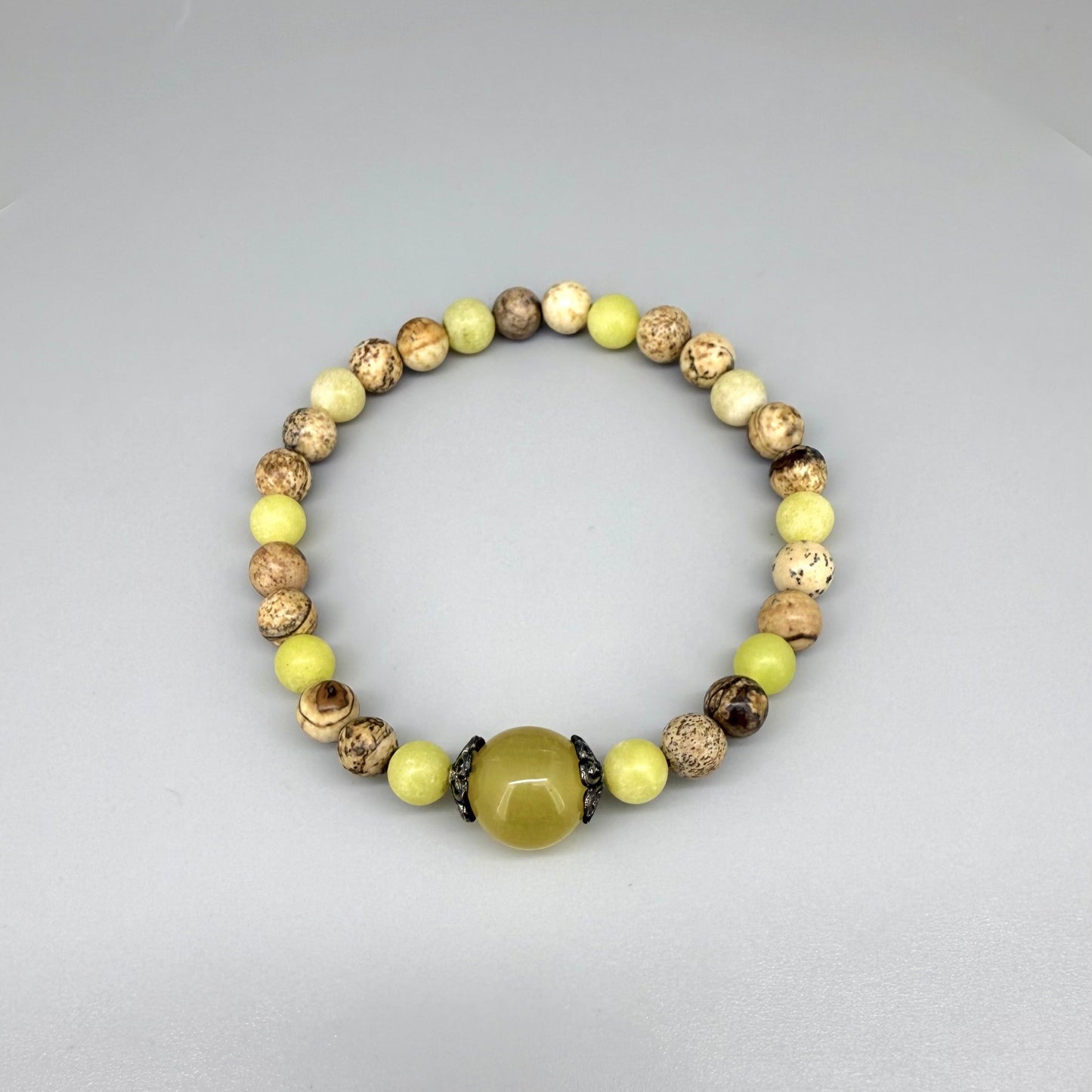 Jasper and jade beaded bracelet, natural beige-brown and yellow gemstone beads on elastic stretch band.