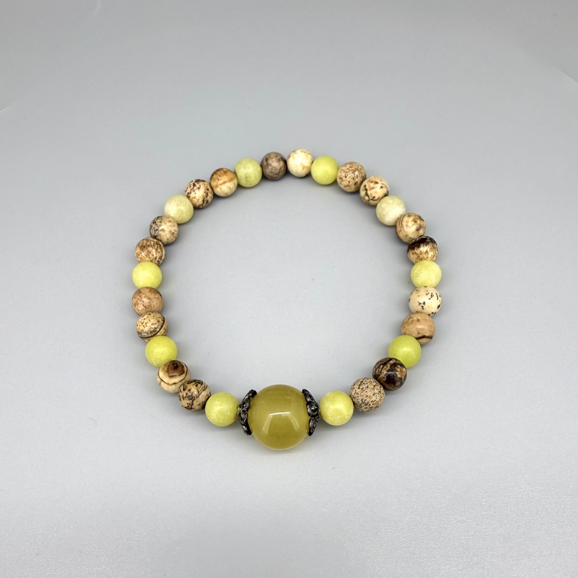 Jasper and jade beaded bracelet, natural beige-brown and yellow gemstone beads on elastic stretch band.