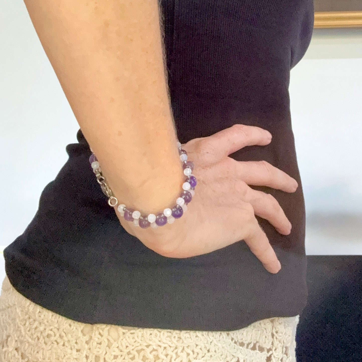 Natural Amethyst & Opal Beaded Bracelet with round polished gemstone beads, handmade gemstone jewelry