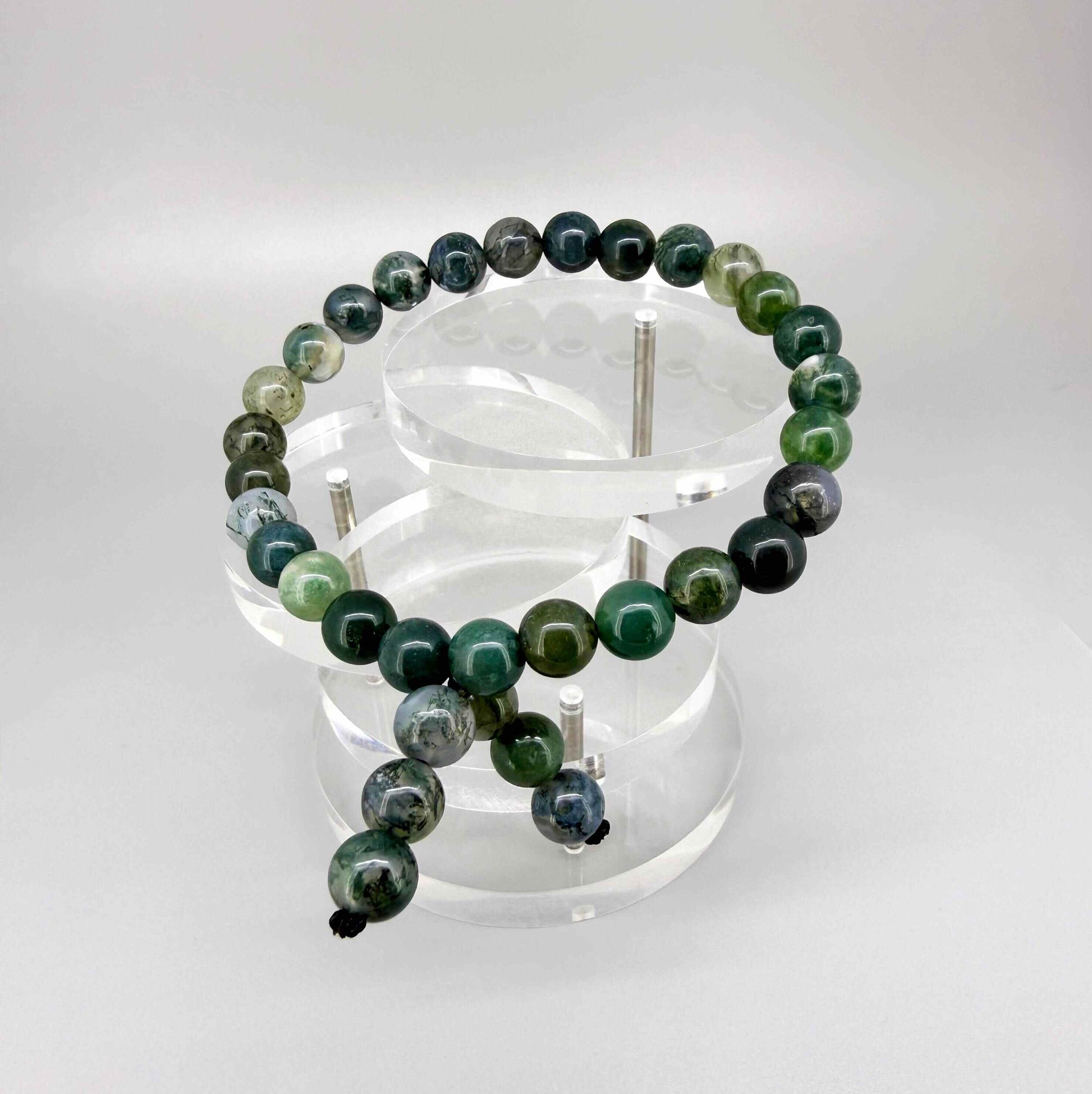 Moss agate mala bracelet made from natural moss agate beads, symbolizing grounding, growth, and connection to nature.