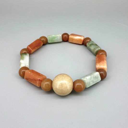 Jade beaded bracelet, 19cm, cream, orange, and brown baguette-style gemstone beads with round spacers on elastic stretch band.
