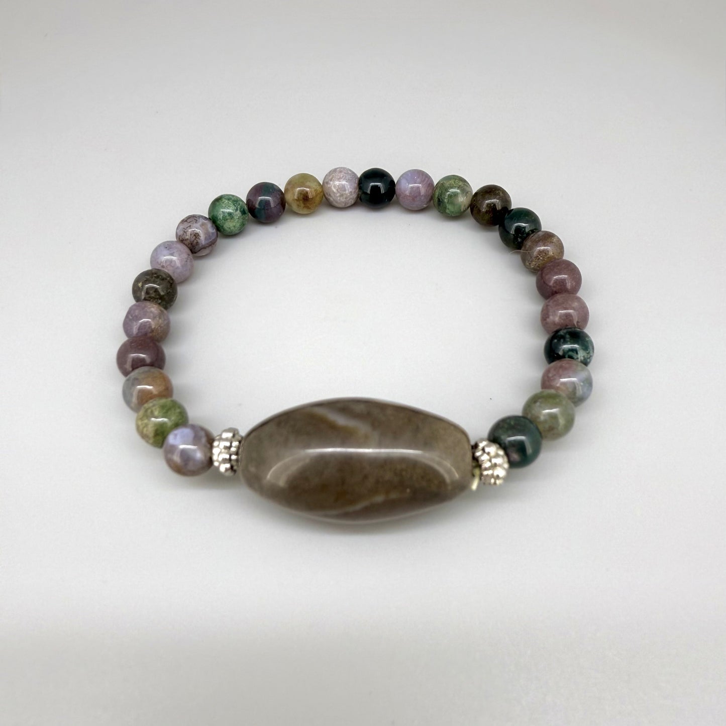 Agate beaded bracelet, 18cm, natural multicolor muted gemstone beads on elastic stretch band.
