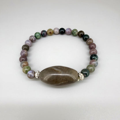 Agate beaded bracelet, 18cm, natural multicolor muted gemstone beads on elastic stretch band.