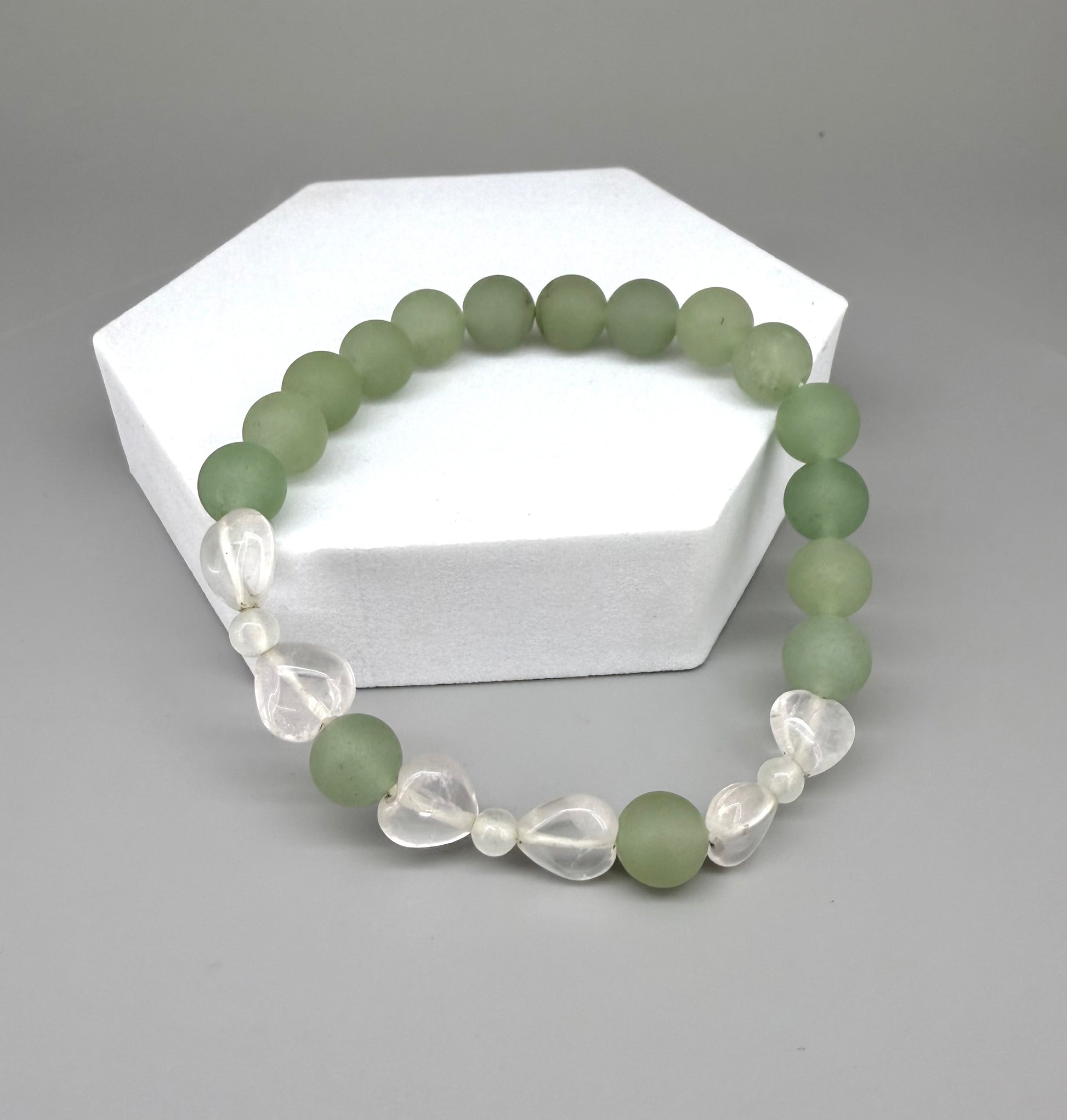 Aventurine and rose quartz beaded bracelet, 18cm, green gemstone beads with larger pink rose quartz accents on elastic stretch band.