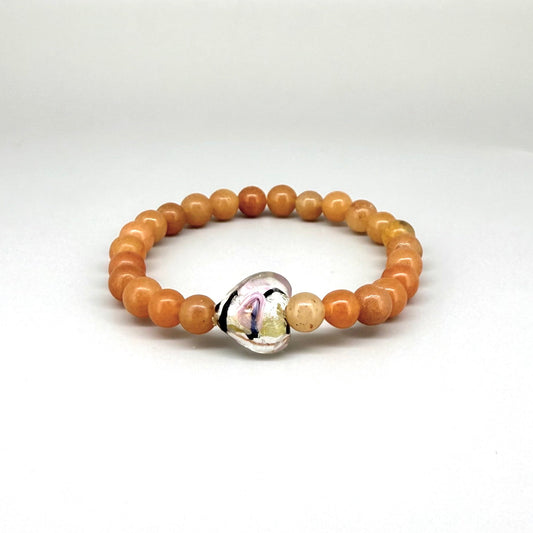 Agate beaded bracelet, 16cm, orange gemstone beads with glass heart focal bead on elastic stretch band.