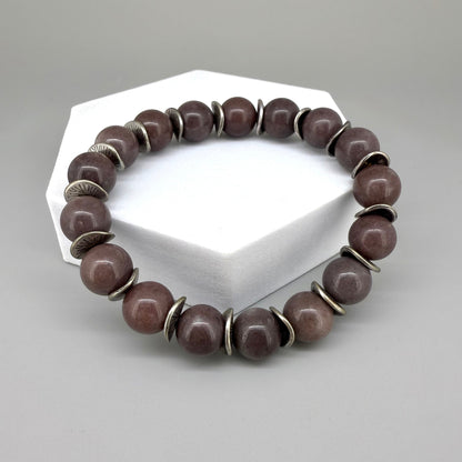 Aventurine beaded bracelet, 18cm, deep earth tones gemstone beads with curved metal disc spacers on elastic stretch band.