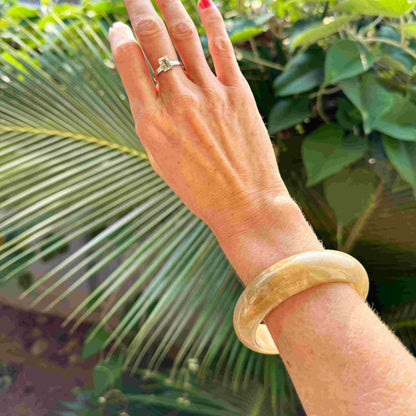 Polished jade bangle in soft earth tones with smooth surface and natural variations