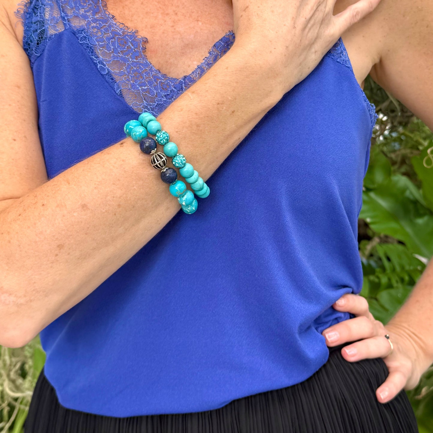 Variscite beaded bracelet, natural turquoise gemstone beads with subtle matrix patterns on elastic stretch band.