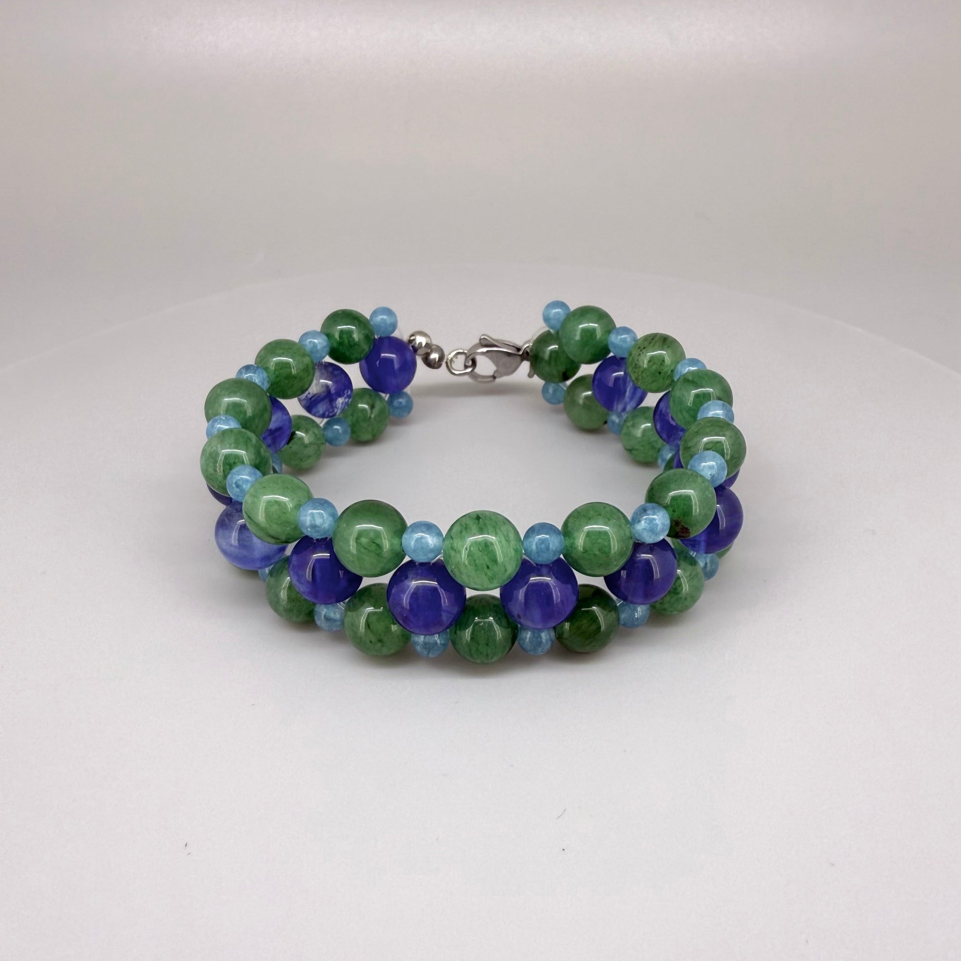 Natural aventurine and blue quartz beaded bracelet, natural green and light blue gemstone beads with lobster claw clasp.