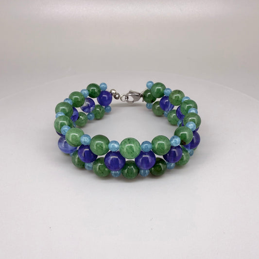 Natural aventurine and blue quartz beaded bracelet, natural green and light blue gemstone beads with lobster claw clasp.