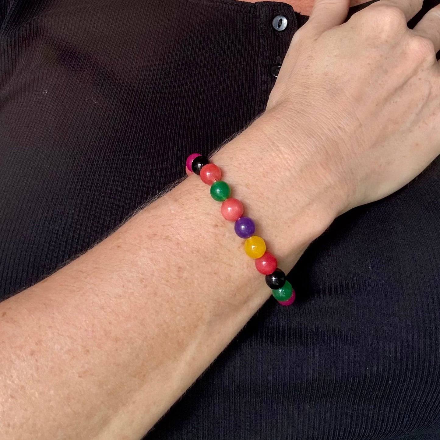Multicolor agate beaded bracelet, natural vibrant gemstone beads on elastic stretch band.