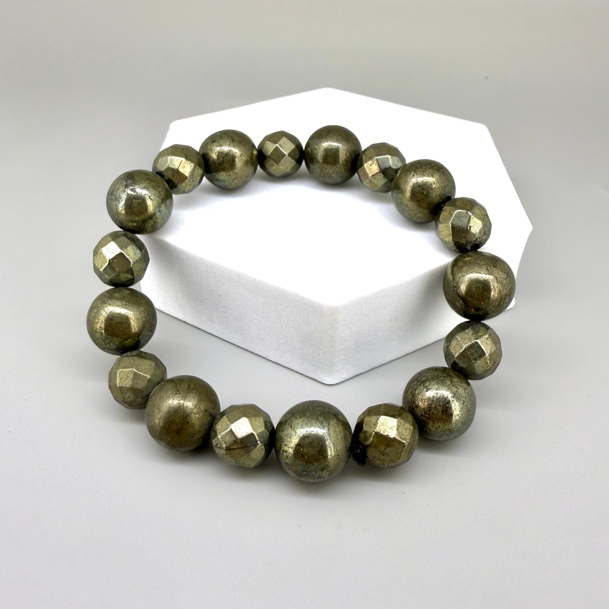Pyrite beaded bracelet, 20cm, metallic golden-grey gemstone beads on elastic stretch band.