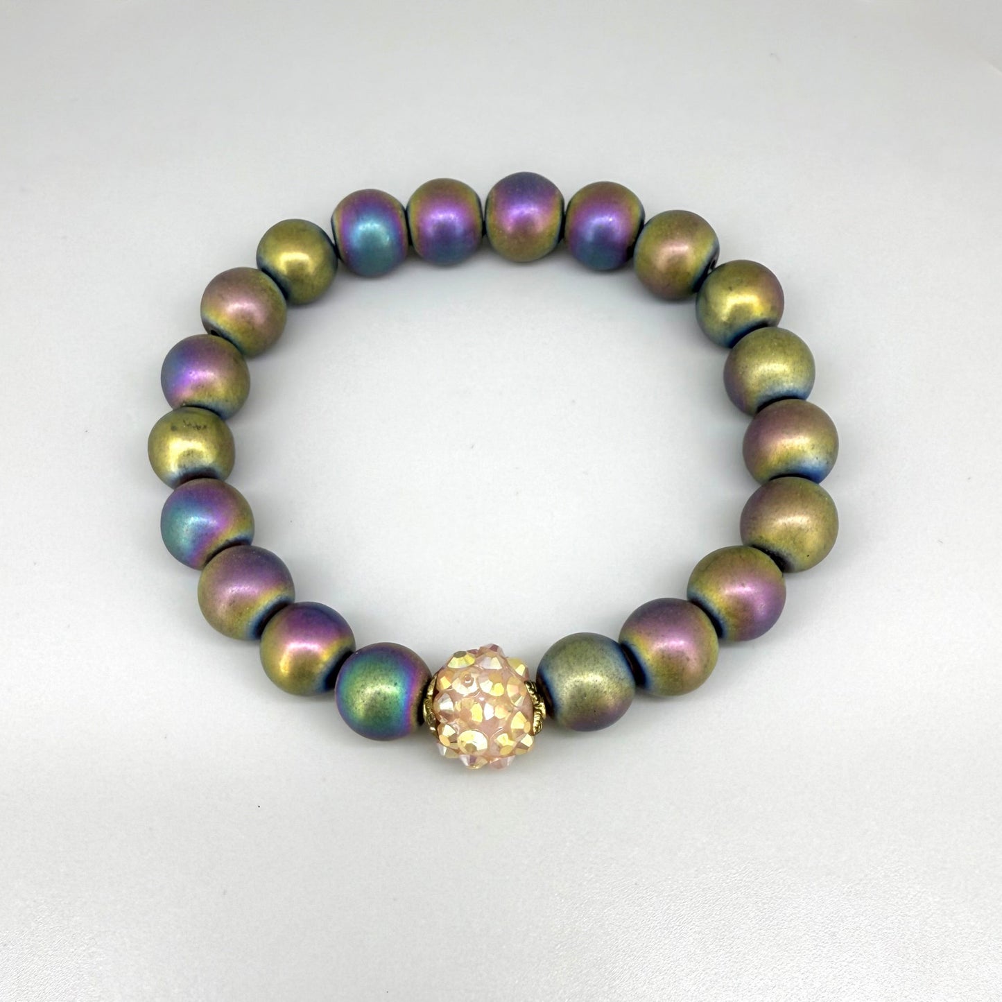 Hematite beaded bracelet, 18cm, natural metallic rainbow gemstone beads on elastic stretch band.