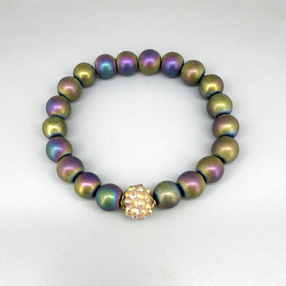 Hematite beaded bracelet, 18cm, natural metallic rainbow gemstone beads on elastic stretch band.