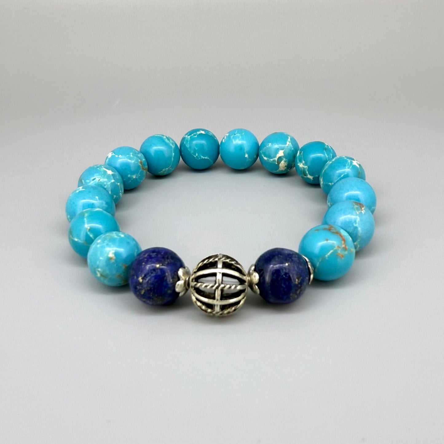 Variscite beaded bracelet, natural turquoise gemstone beads with subtle matrix patterns on elastic stretch band.