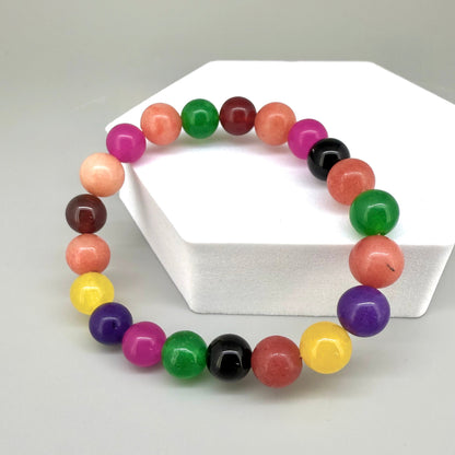 Multicolor agate beaded bracelet, natural vibrant gemstone beads on elastic stretch band.