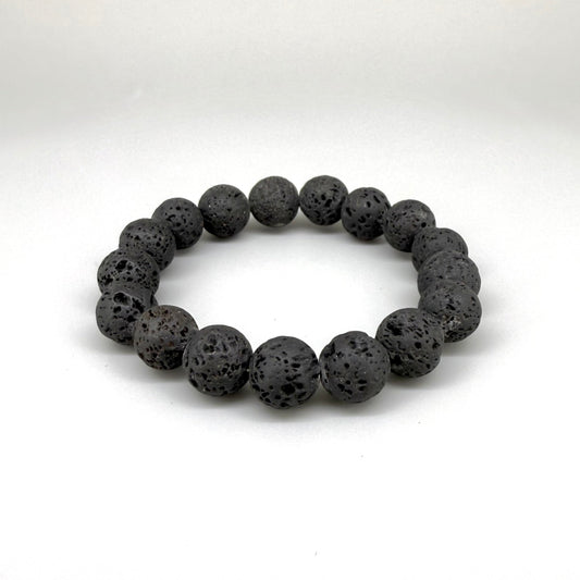 Lava beaded bracelet, 16cm, natural matte black porous gemstone beads on elastic stretch band.