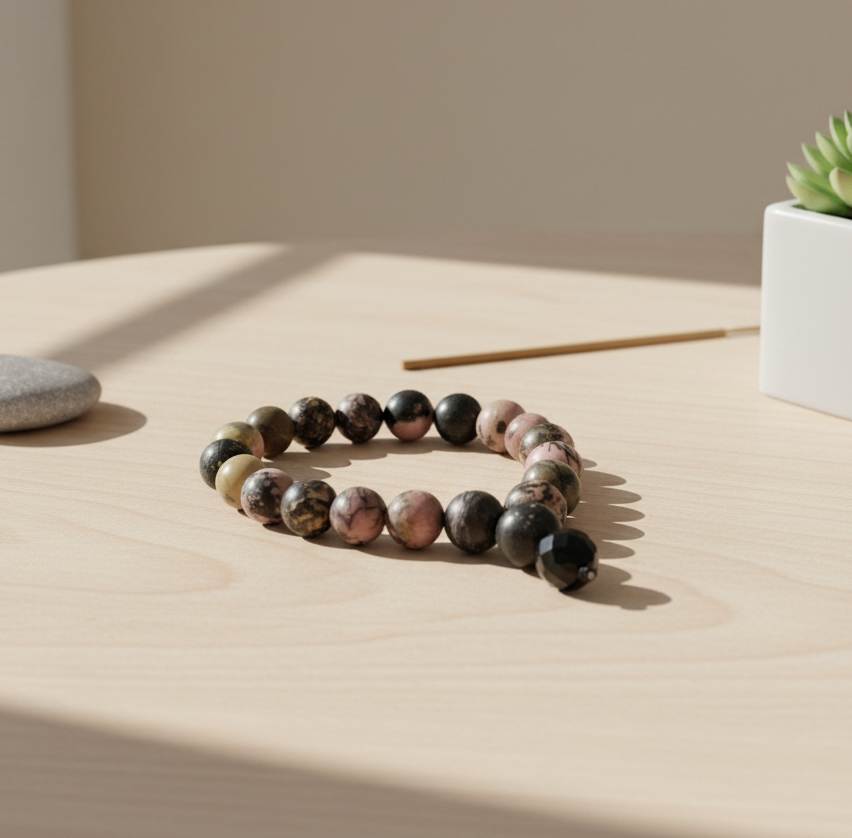 Rhodonite mala bracelet made from natural rhodonite beads, symbolizing emotional healing, compassion, and balance.