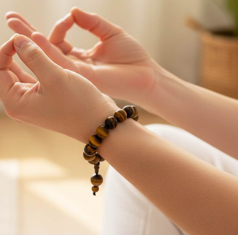 Tiger’s Eye mala bracelet with golden-brown chatoyant gemstone beads worn on wrist.