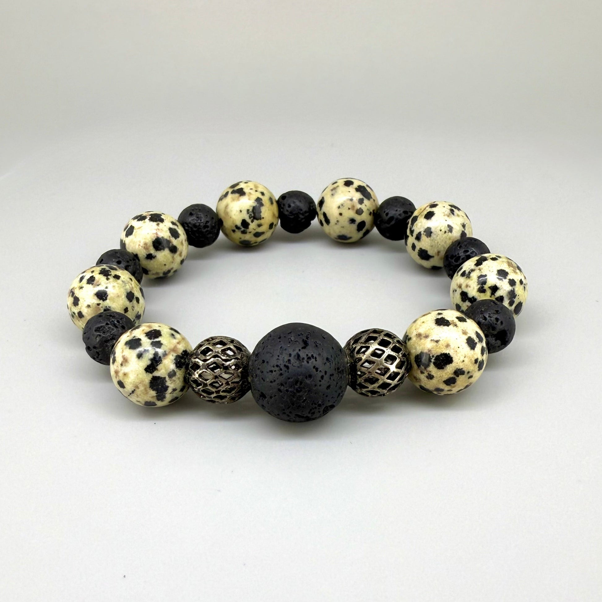 Jasper and lava beaded bracelet, 18cm, natural earthy jasper and matte black lava stone beads on elastic stretch band.