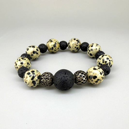 Jasper and lava beaded bracelet, 18cm, natural earthy jasper and matte black lava stone beads on elastic stretch band.
