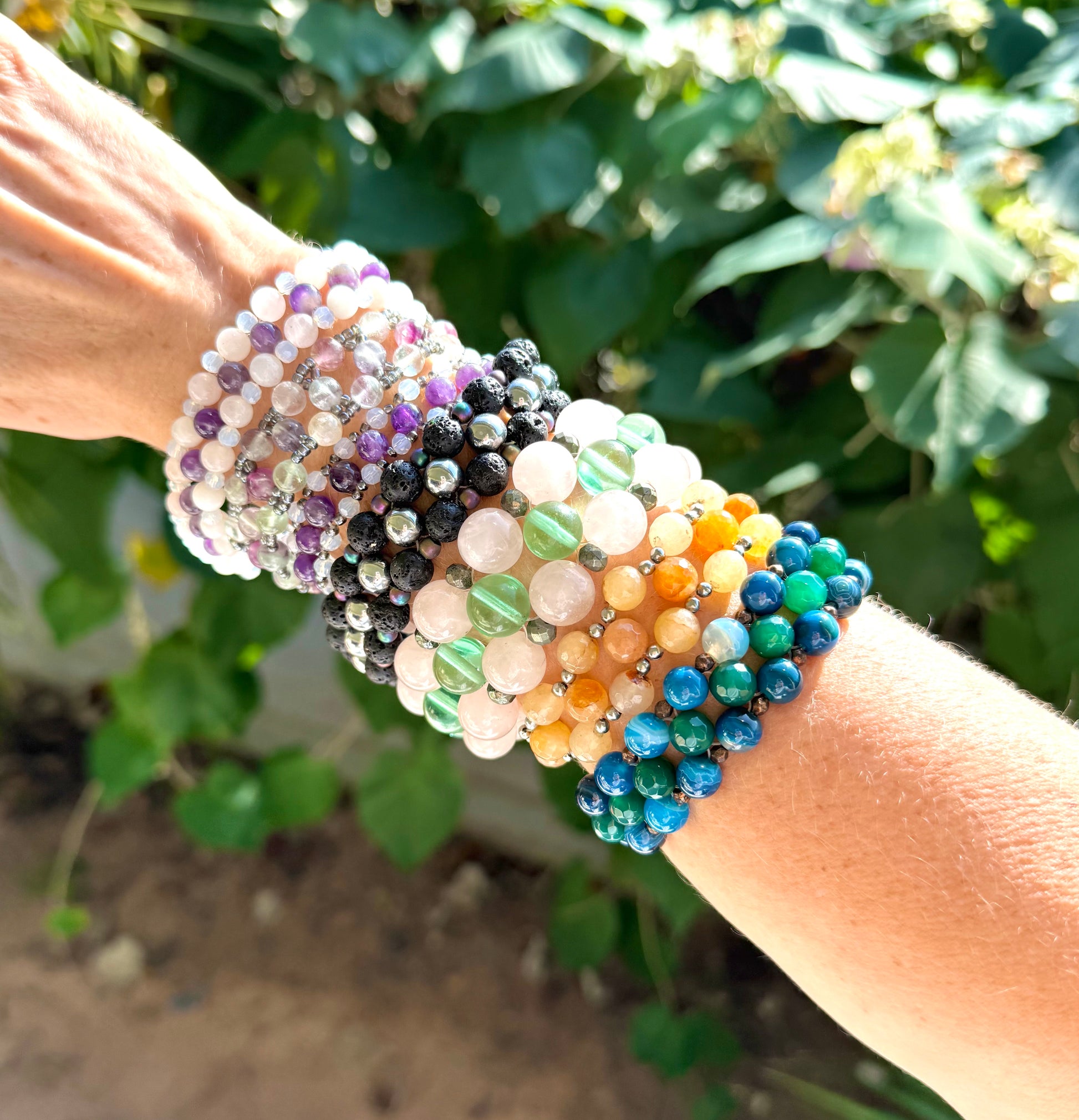 Natural Beaded Bracelets with round polished gemstone beads, handmade gemstone jewelry