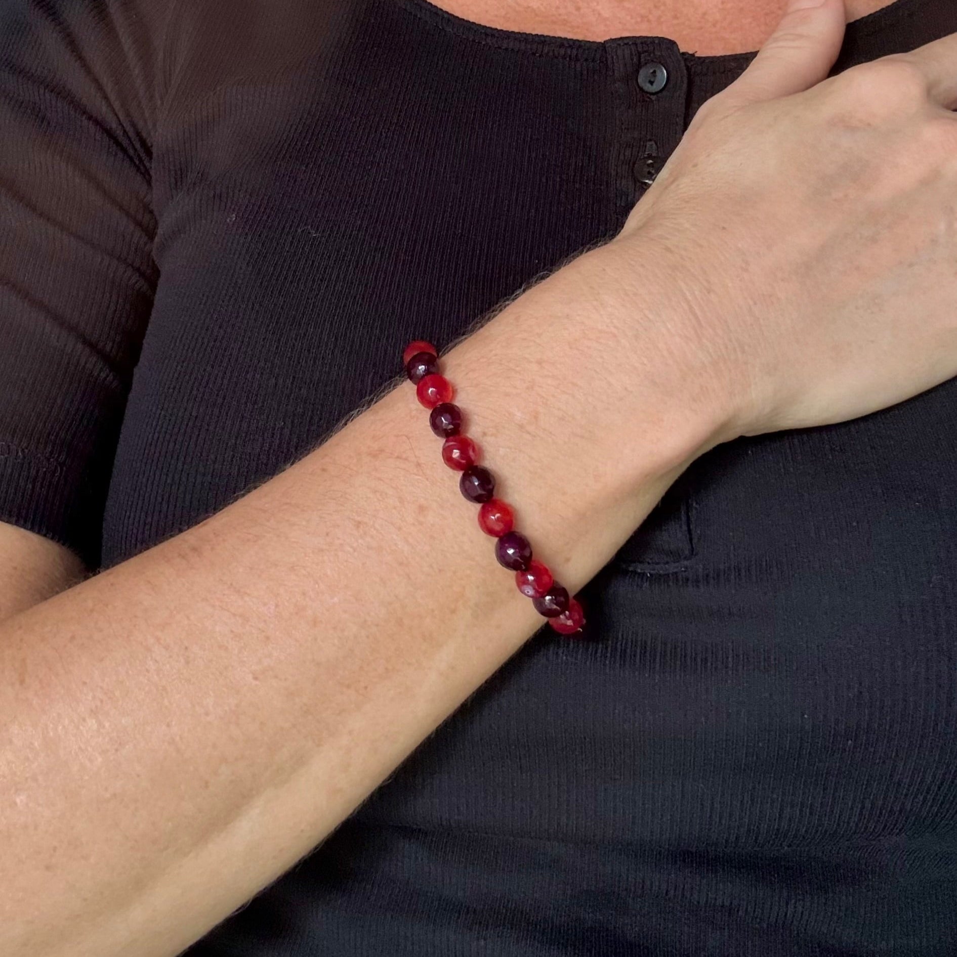 Agate beaded bracelet, natural red and black gemstone beads on elastic stretch band.