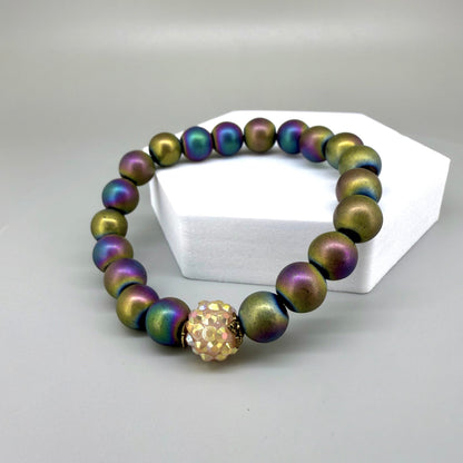 Hematite beaded bracelet, 18cm, natural metallic rainbow gemstone beads on elastic stretch band.