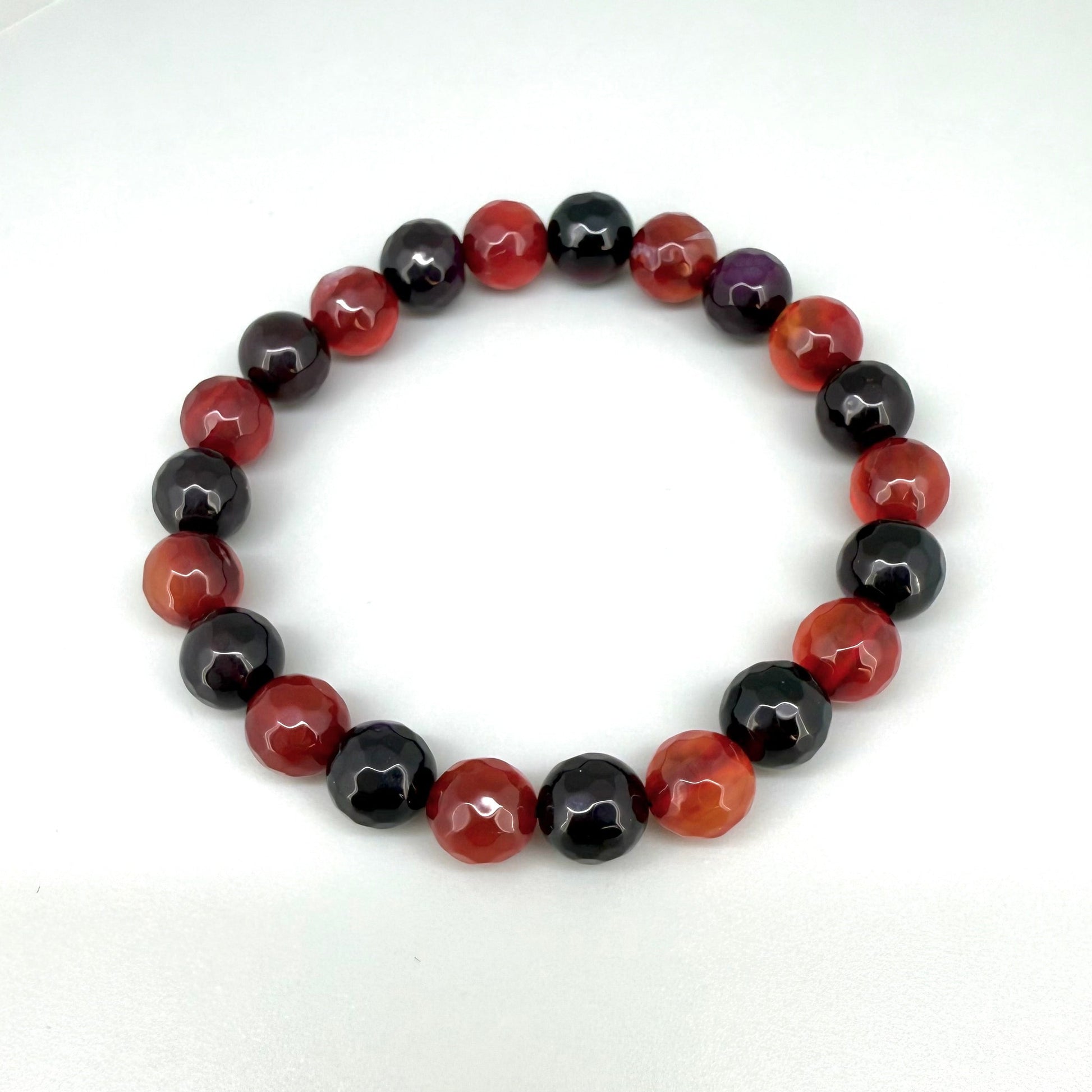 Agate beaded bracelet, natural red and black gemstone beads on elastic stretch band.