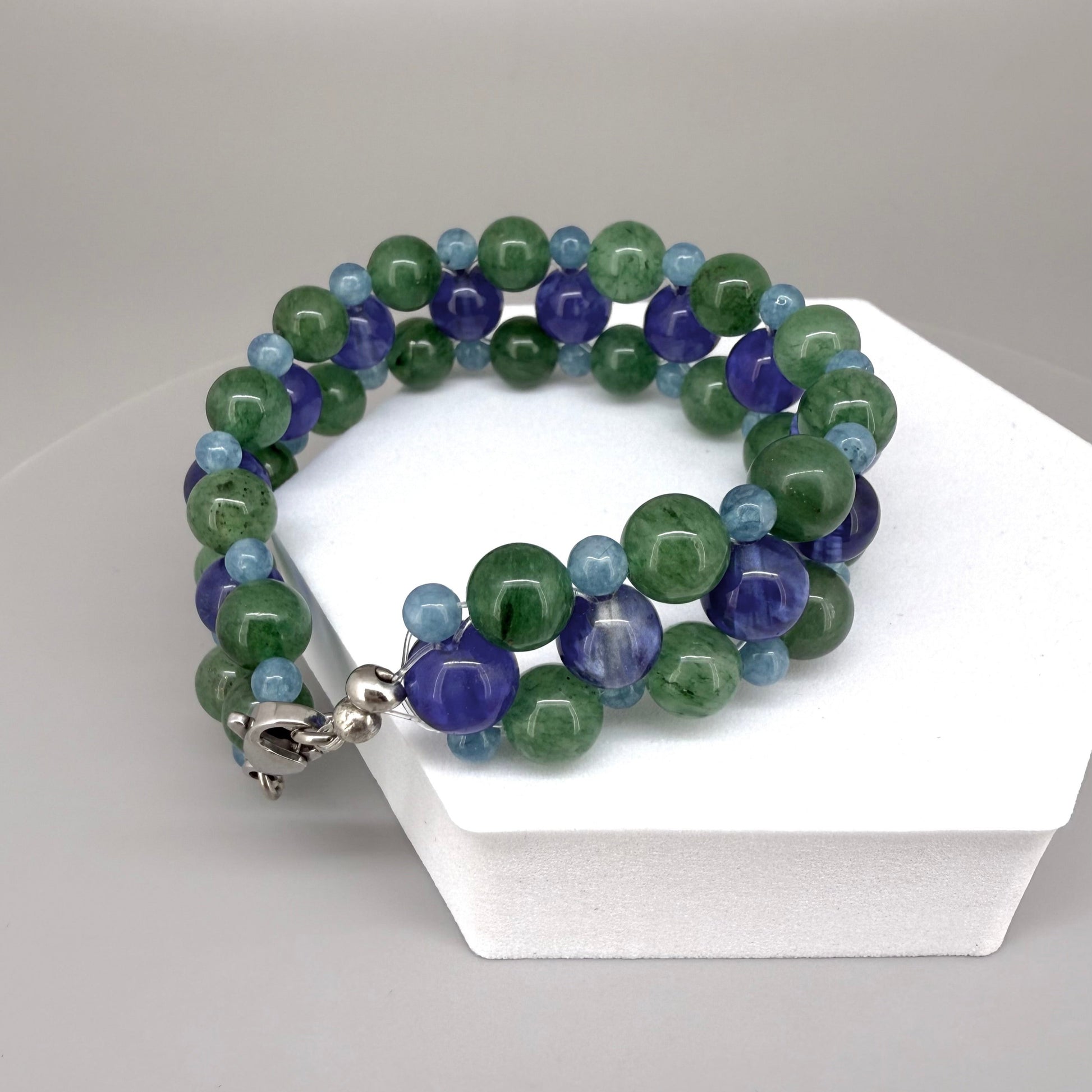 Natural aventurine and blue quartz beaded bracelet, natural green and light blue gemstone beads with lobster claw clasp.