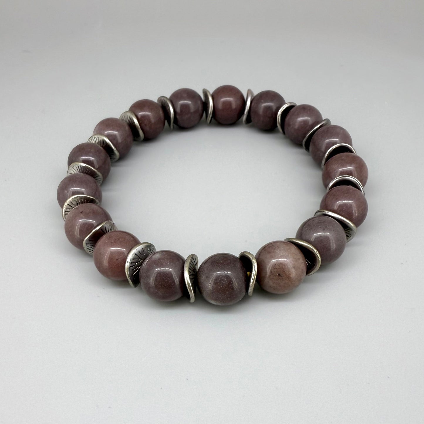 Aventurine beaded bracelet, 18cm, deep earth tones gemstone beads with curved metal disc spacers on elastic stretch band.