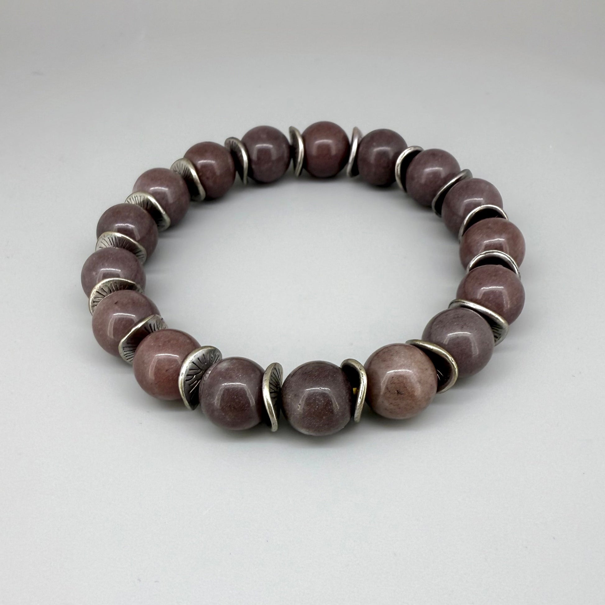 Aventurine beaded bracelet, 18cm, deep earth tones gemstone beads with curved metal disc spacers on elastic stretch band.