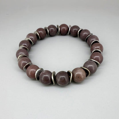 Aventurine beaded bracelet, 18cm, deep earth tones gemstone beads with curved metal disc spacers on elastic stretch band.