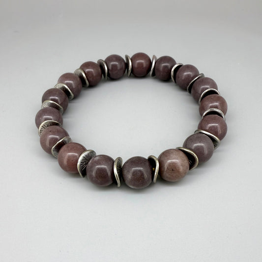 Aventurine beaded bracelet, 18cm, deep earth tones gemstone beads with curved metal disc spacers on elastic stretch band.