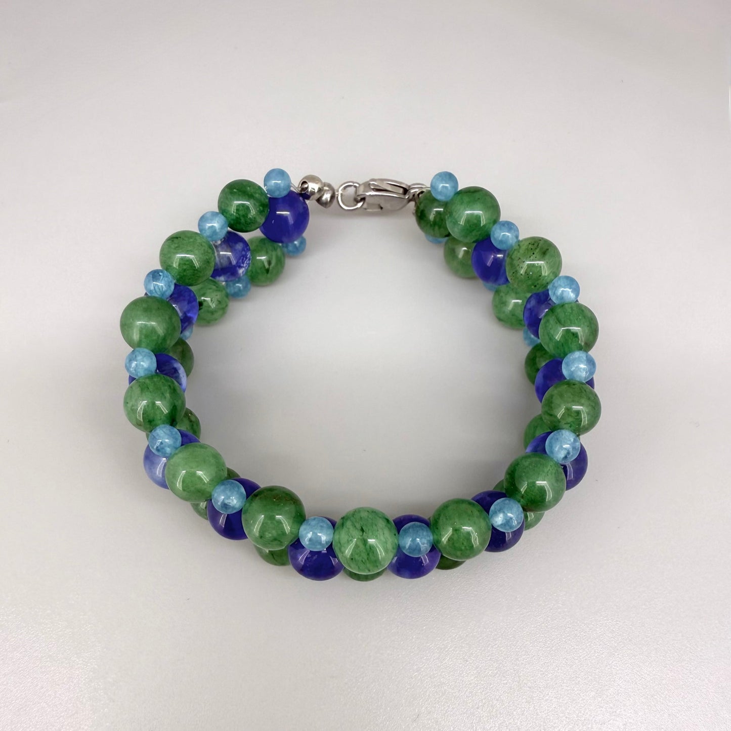 Natural aventurine and blue quartz beaded bracelet, natural green and light blue gemstone beads with lobster claw clasp.