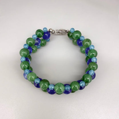 Natural aventurine and blue quartz beaded bracelet, natural green and light blue gemstone beads with lobster claw clasp.