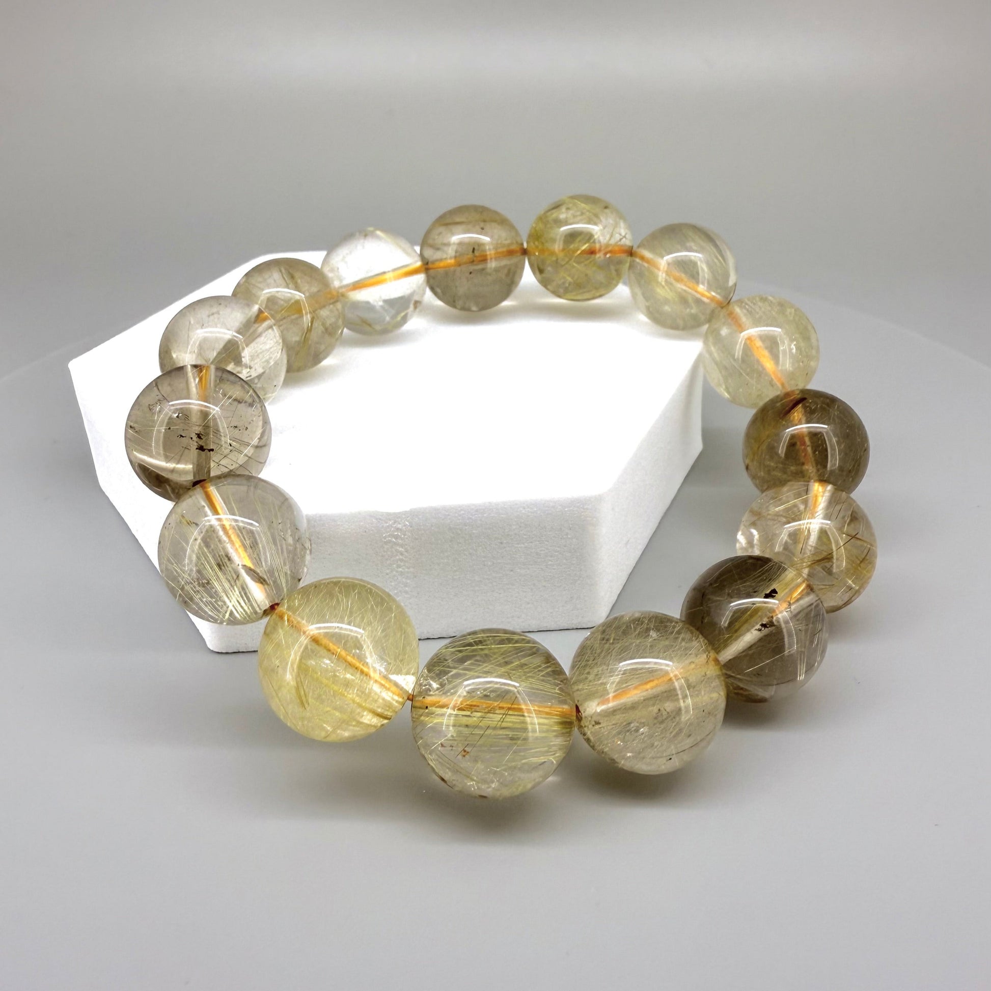 Rutilated quartz beaded bracelet, 18cm, natural gemstone beads with golden rutile threads on elastic stretch band