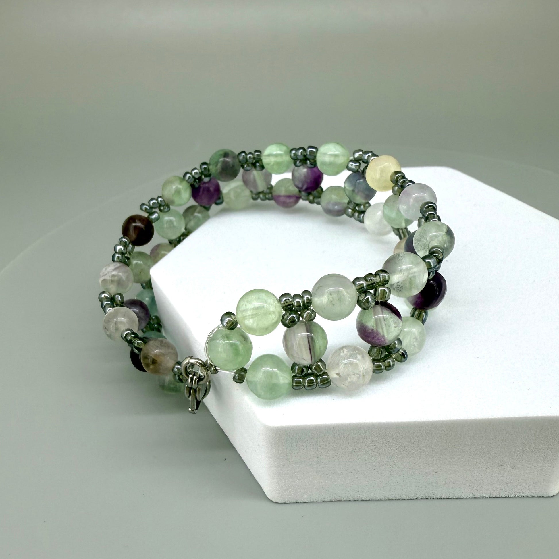 Fluorite beaded bracelet, multi pastel hues, natural gemstone beads with toggle clasp.