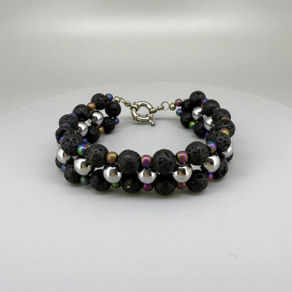 Lava and hematite beaded bracelet, natural matte black and metallic grey gemstone beads with spring ring clasp.